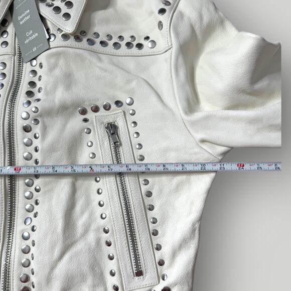 H&M STUDIO sz XL White Real Genuine Leather Studded Zip Biker Jacket 80s 90s - Picture 10 of 10